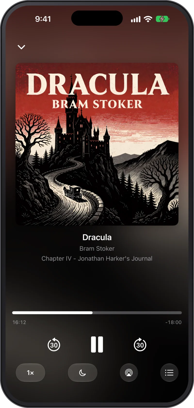 The VerbaViva player on an iPhone, playing Dracula, with the chapter, the position and the playback controls.