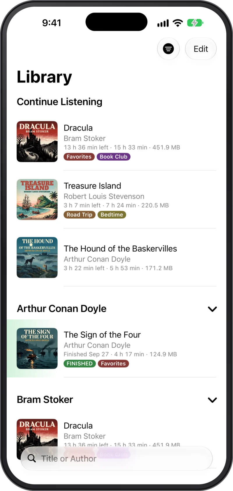 The library on an iPhone filtered by a tag, showing only the books that carry it.